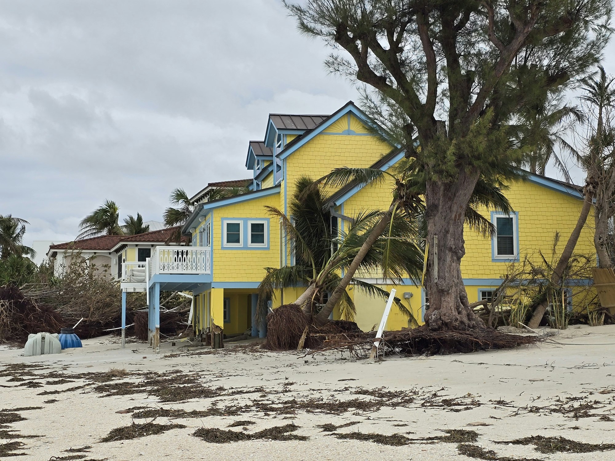 A yellow house on a beach, surrounded by fallen trees and debris under a cloudy sky.