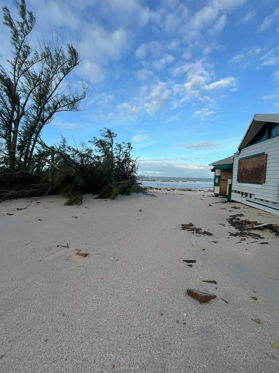 A sandy beach with debris, fallen trees, and a boarded-up building under a partly cloudy sky.