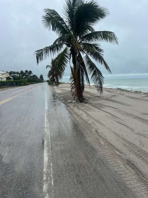 A wet road runs along a beach with palm trees beside it under a cloudy sky.