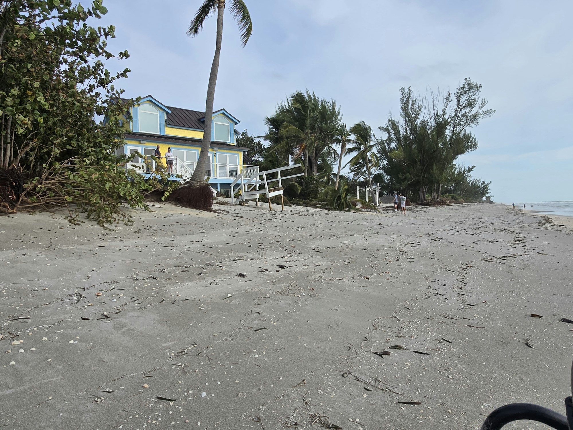 A beach with footprints, a colorful house, palm trees, and people walking.