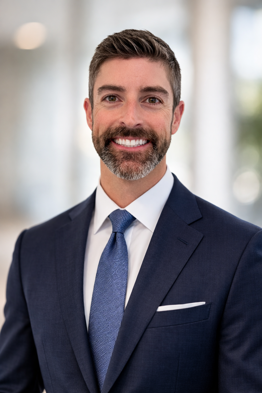 A smiling man with a beard, dressed in a dark suit and tie, stands in a bright environment.