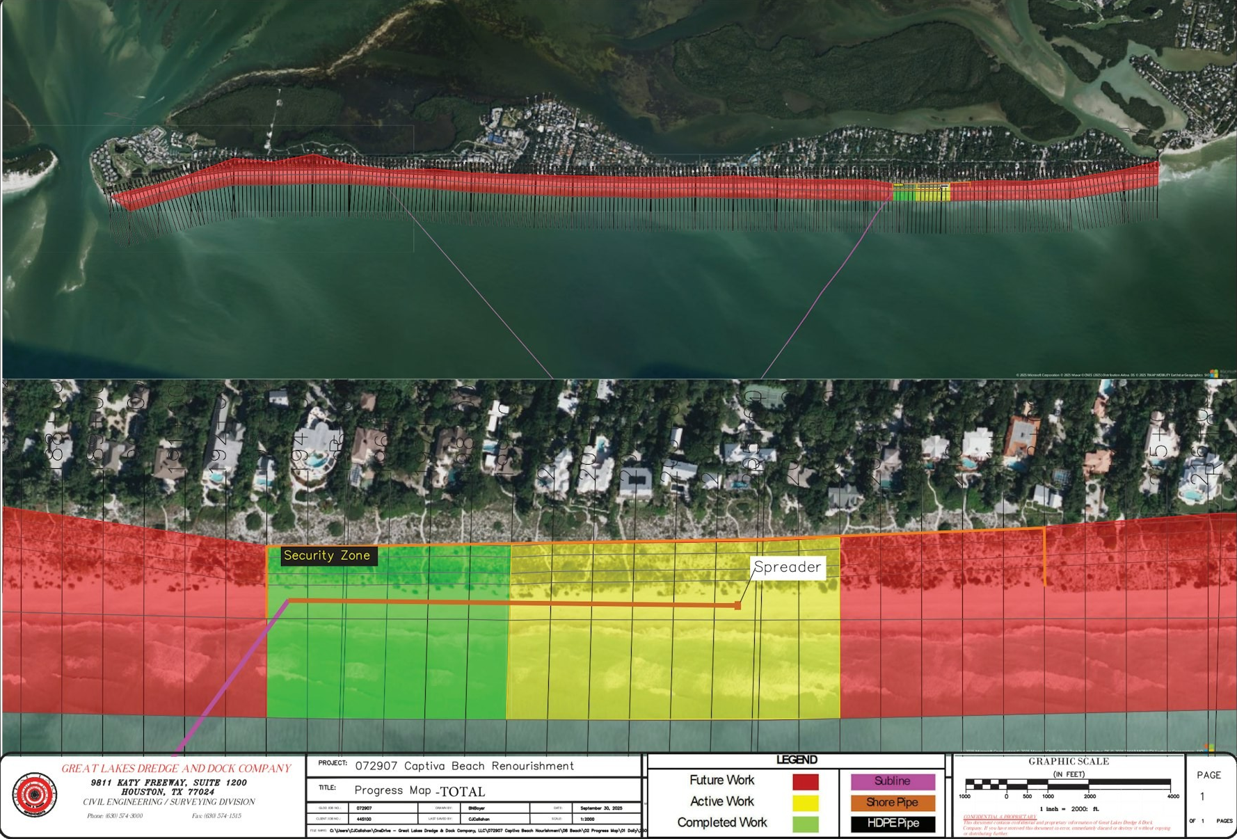 Aerial view map of Captiva Beach renourishment project with zones marked for future, active, and completed work.