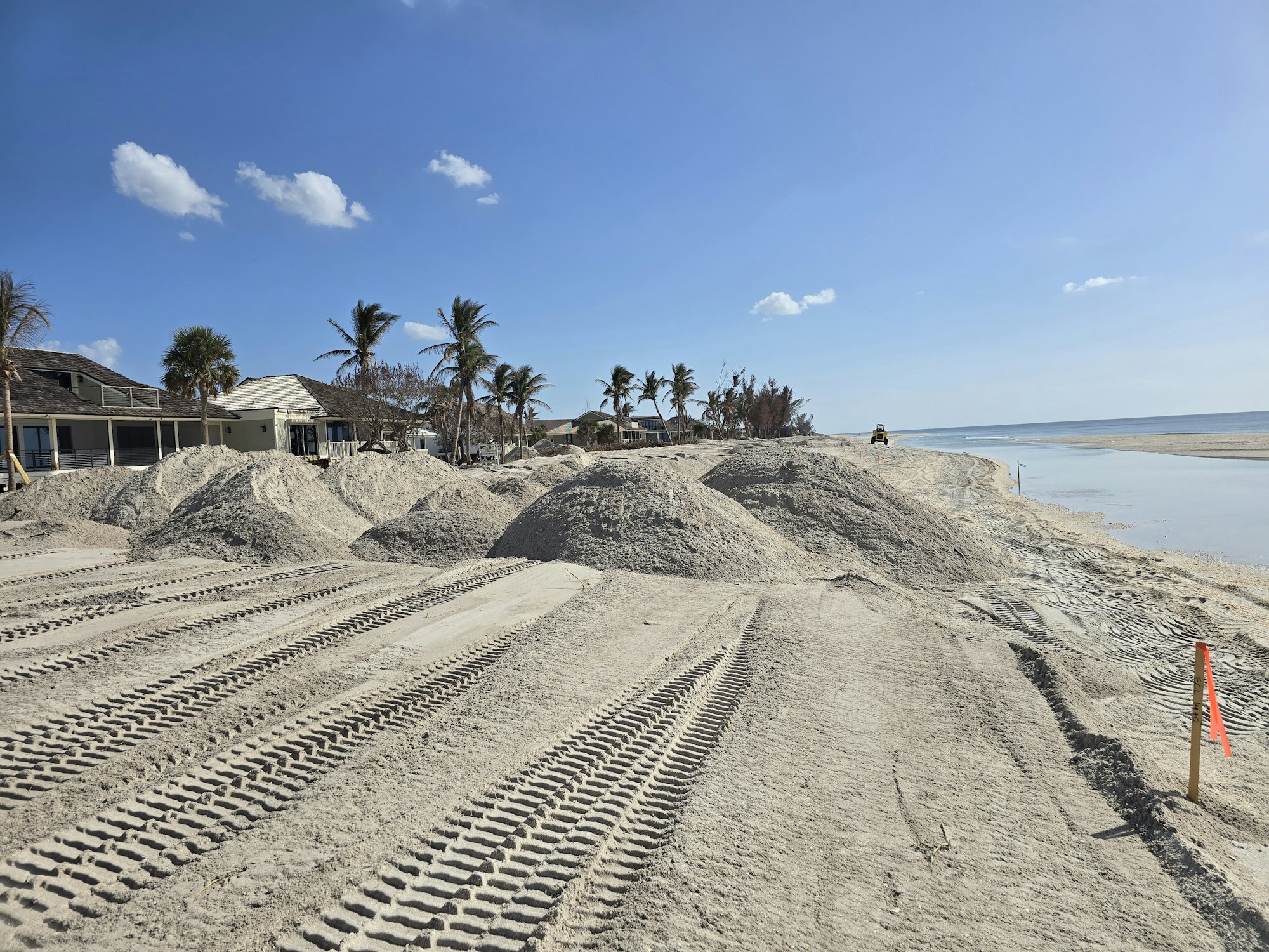 A beachside scene with sandy mounds, tire tracks, palm trees, and houses under a clear sky.