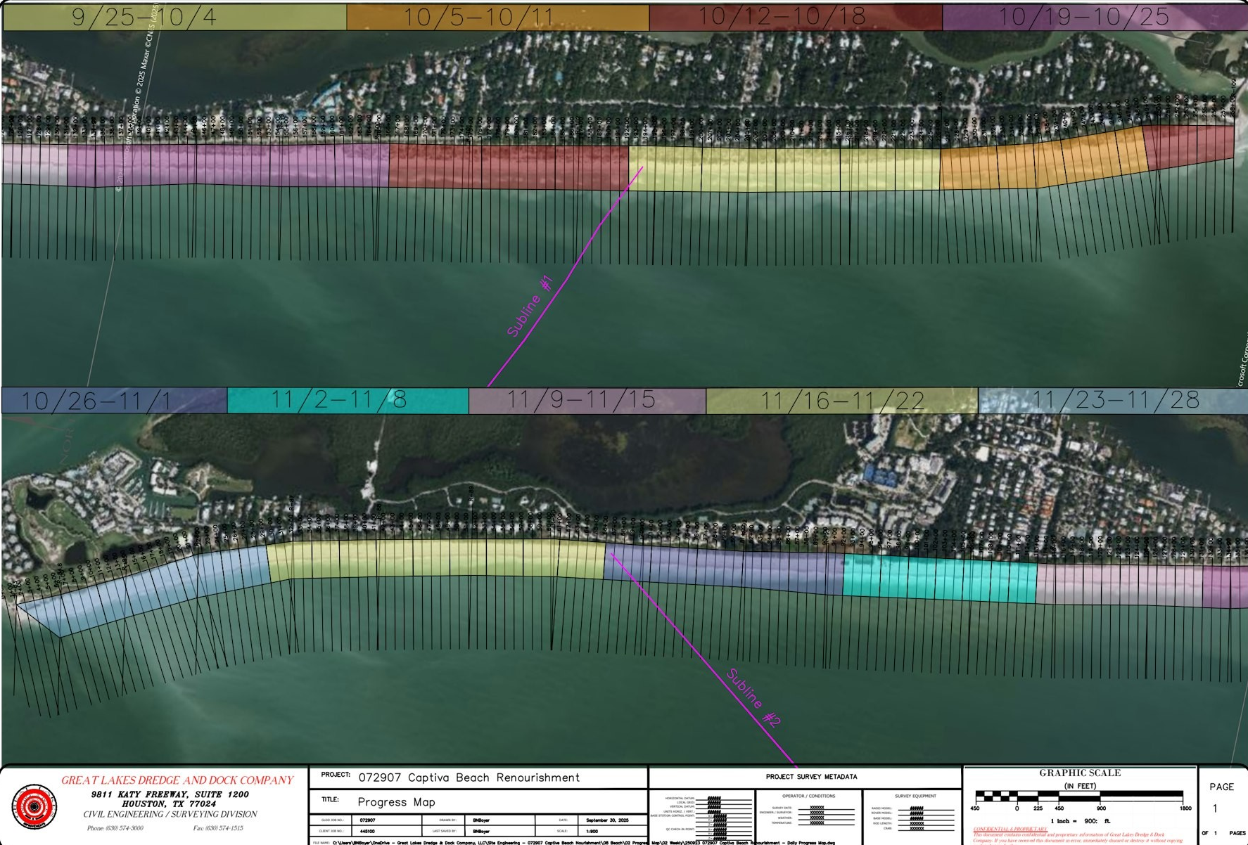 Annotated aerial map of Captiva Beach with a timeline for beach renourishment from September 25 to November 28.