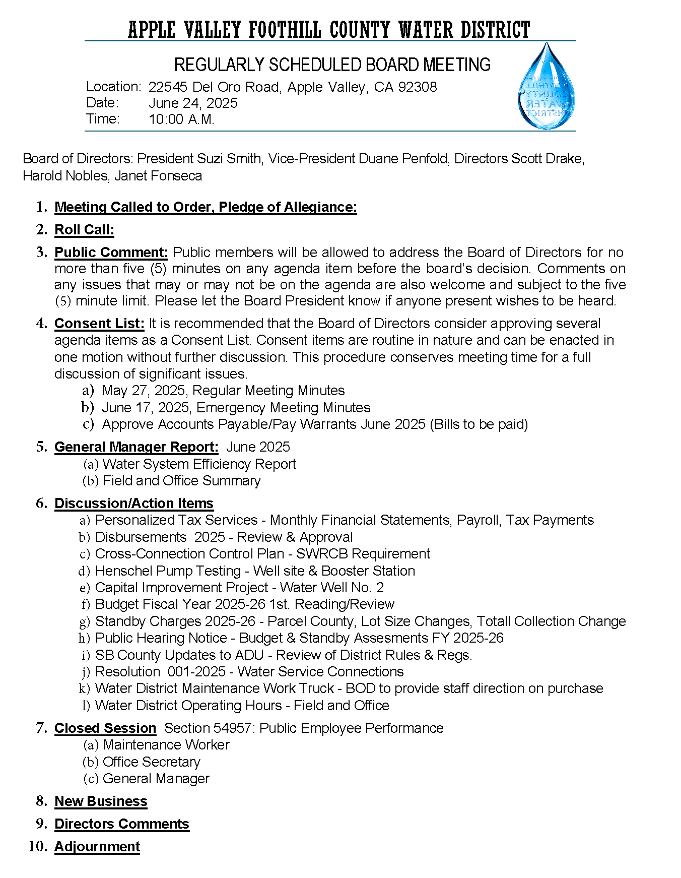 Board meeting schedule for Apple Valley Water District on June 24, 2025, with agenda items including reports and discussions.