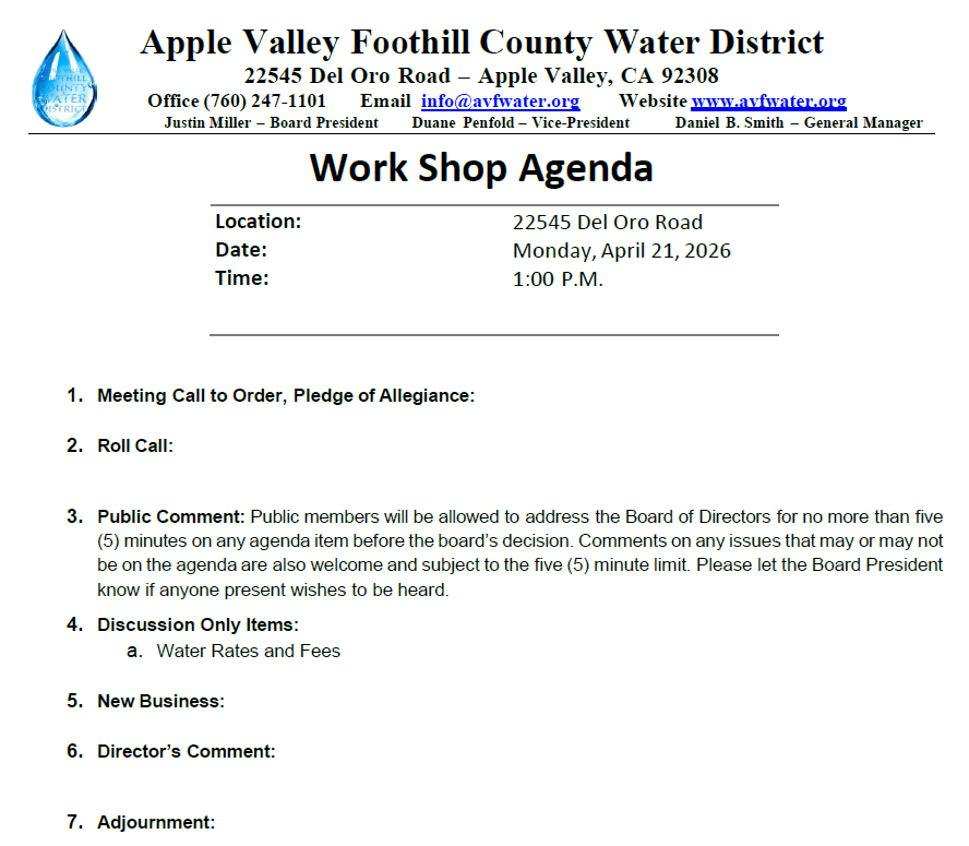The image shows the agenda for a workshop meeting of the Apple Valley Foothill County Water District on April 21, 2026.