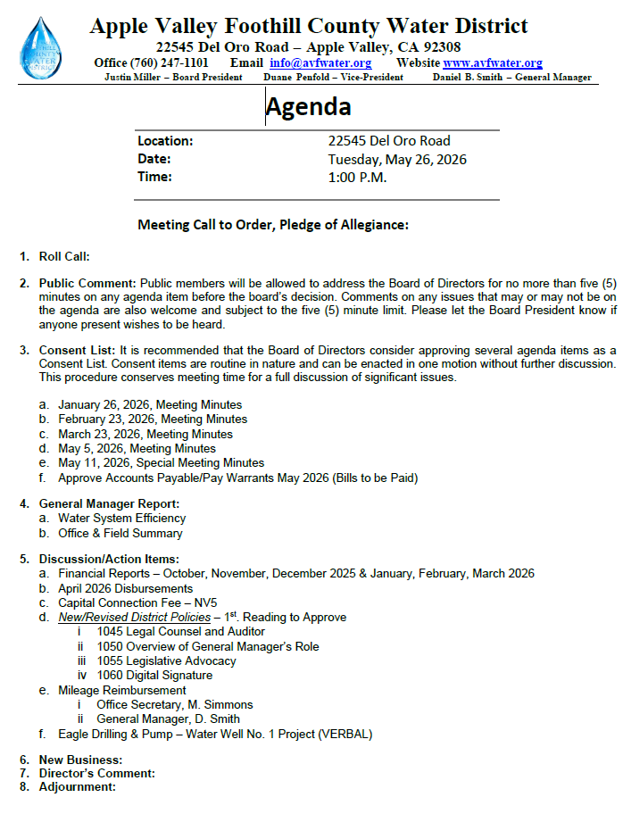 Agenda for Apple Valley Foothill County Water District meeting on May 26, 2026, covering public comments, reports, and action items.