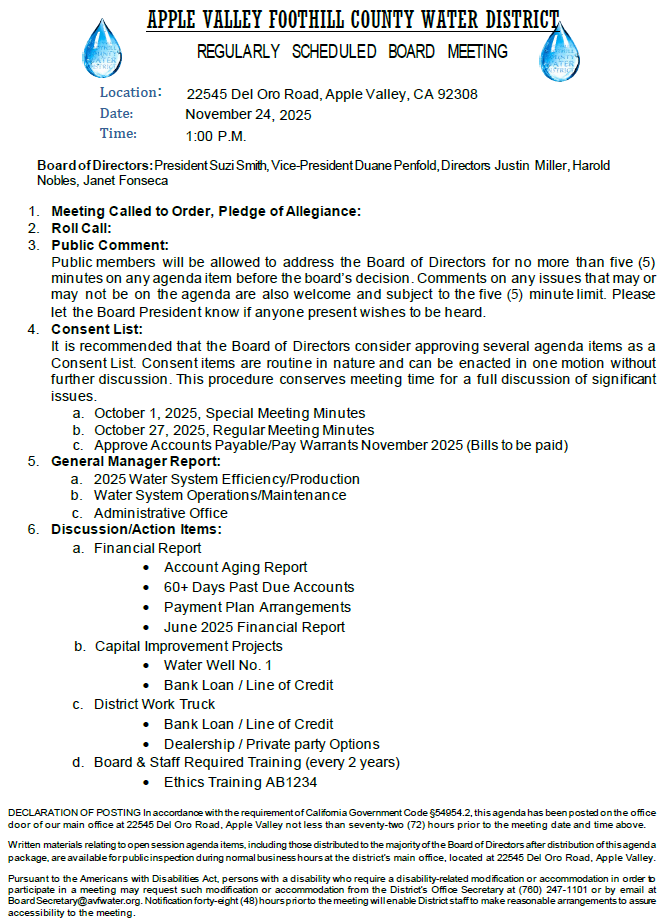The image is a notice for a scheduled board meeting of the Apple Valley Foothill County Water District on November 24, 2025.