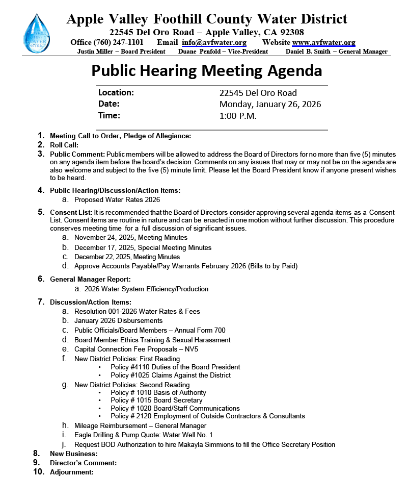 Agenda for a public hearing on January 26, 2026, at the Apple Valley Foothill County Water District. Discusses water rates, policies, and more.