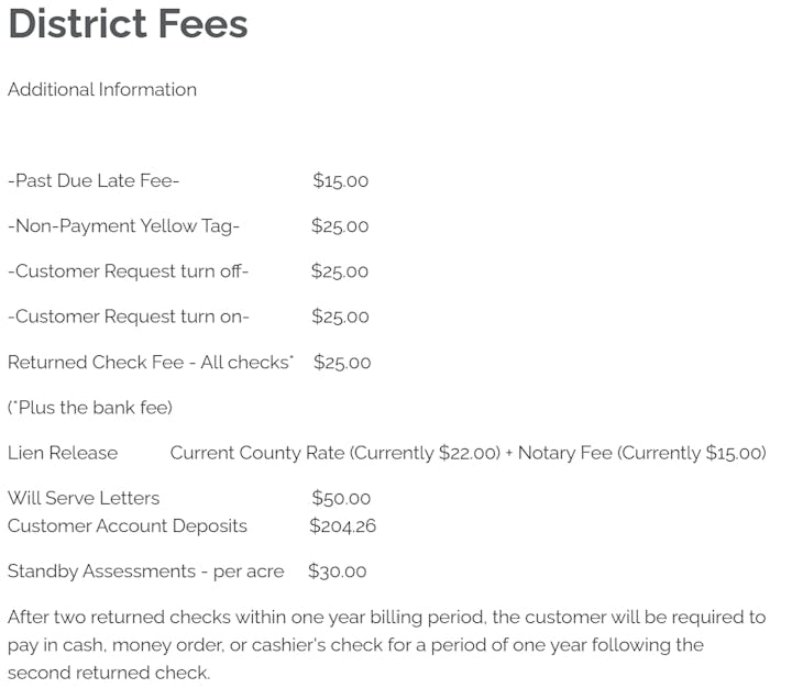 List of district fees including late fees, non-payment charges, check fees, and others, with specific costs detailed.