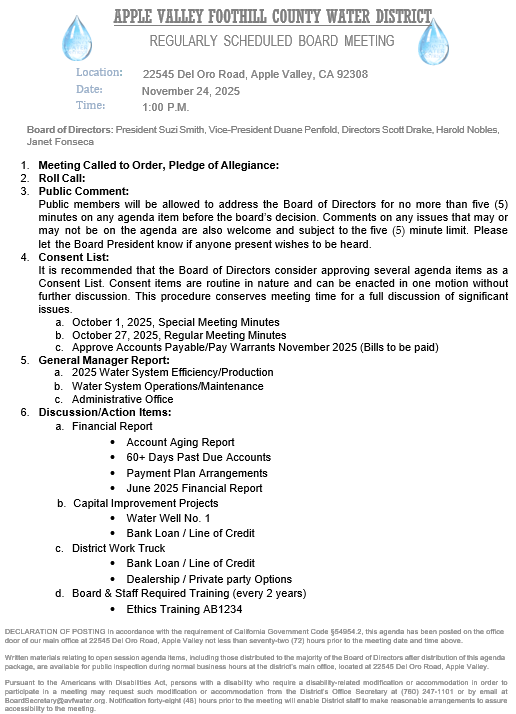 Agenda for a November 24, 2025, board meeting of Apple Valley Foothill County Water District, covering various topics and reports.