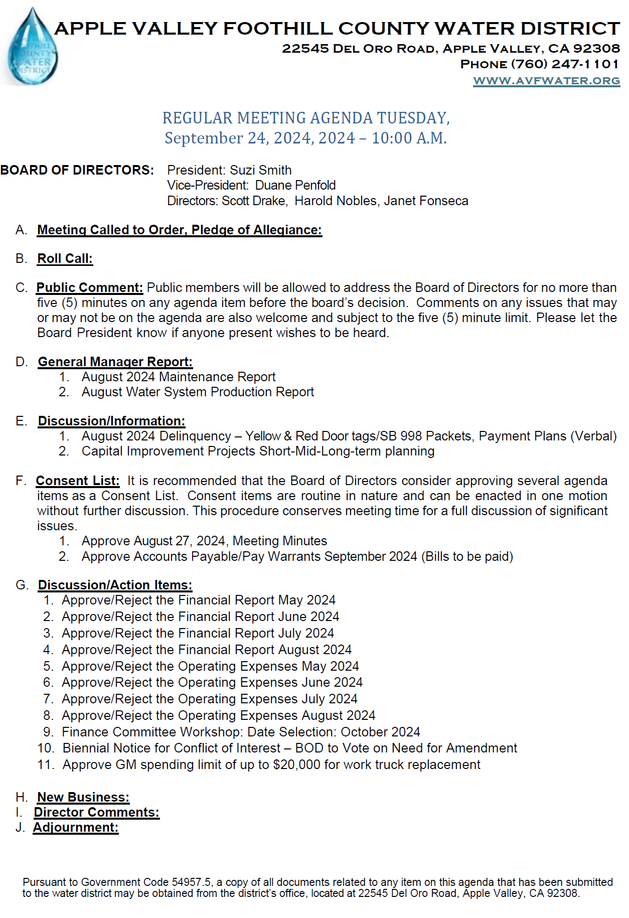 An agenda for a water district board meeting on September 24, 2024, with scheduled discussions and reports.