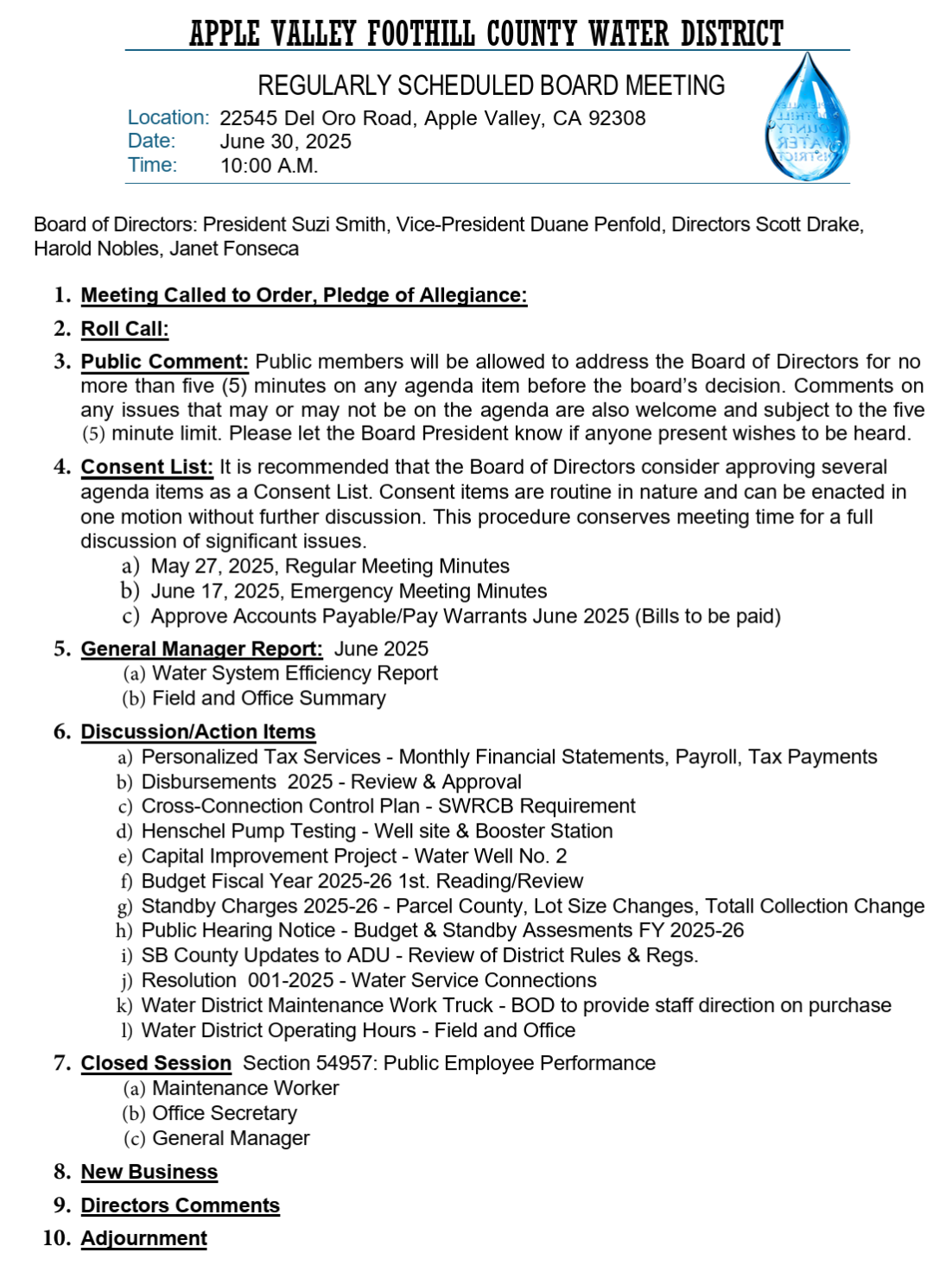 Apple Valley Foothill board meeting agenda for June 30, 2025, listing discussions, reports, and closed session topics.
