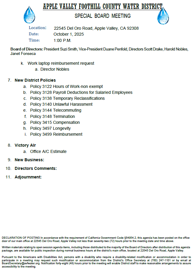 Apple Valley Foothill County Water District meeting agenda for October 1, 2025, covering policies, new business, and director comments.