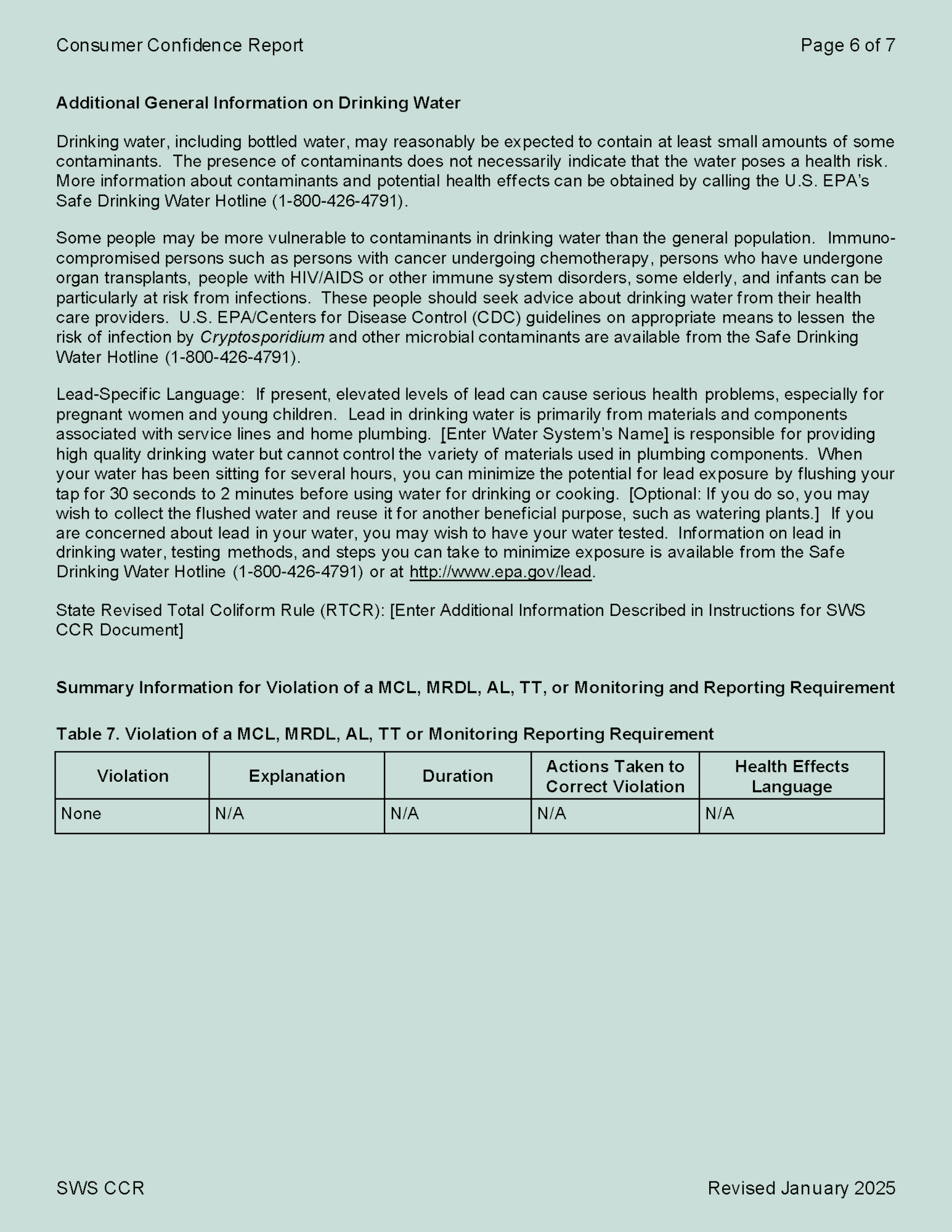 The document discusses drinking water safety, contaminants, and guidelines for vulnerable groups, noting no current violations.