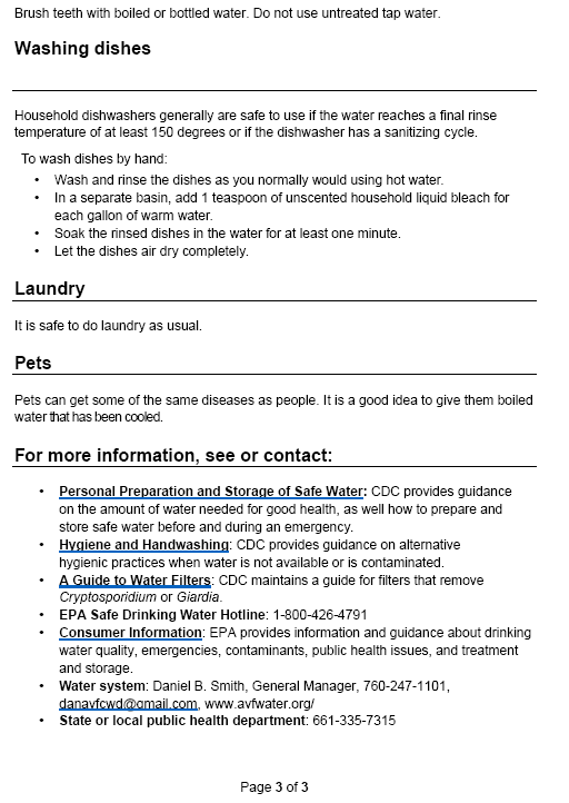 Guidance on washing dishes, laundry safety, pet care, and contacts for more water-related information.