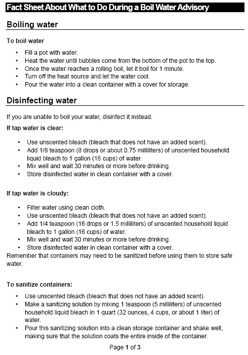 Instructions for boiling and disinfecting water during a boil advisory, including use of unscented bleach for disinfection.