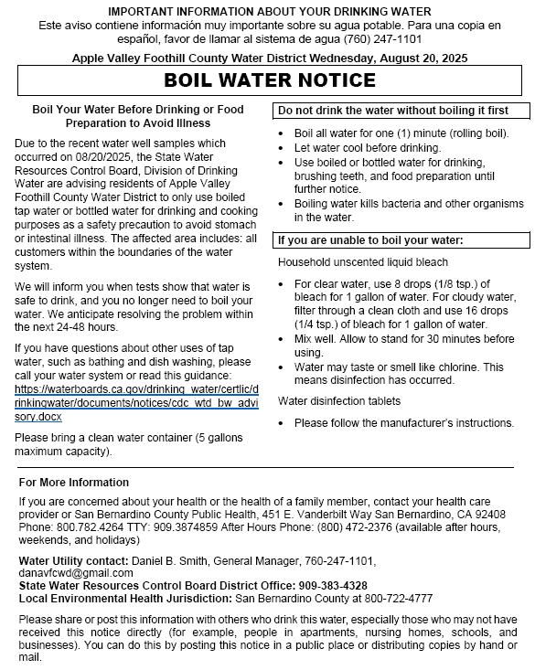 Boil Water Notice for Apple Valley Foothill County Water District due to contamination risk. Use boiled/bottled water; details for safety included.