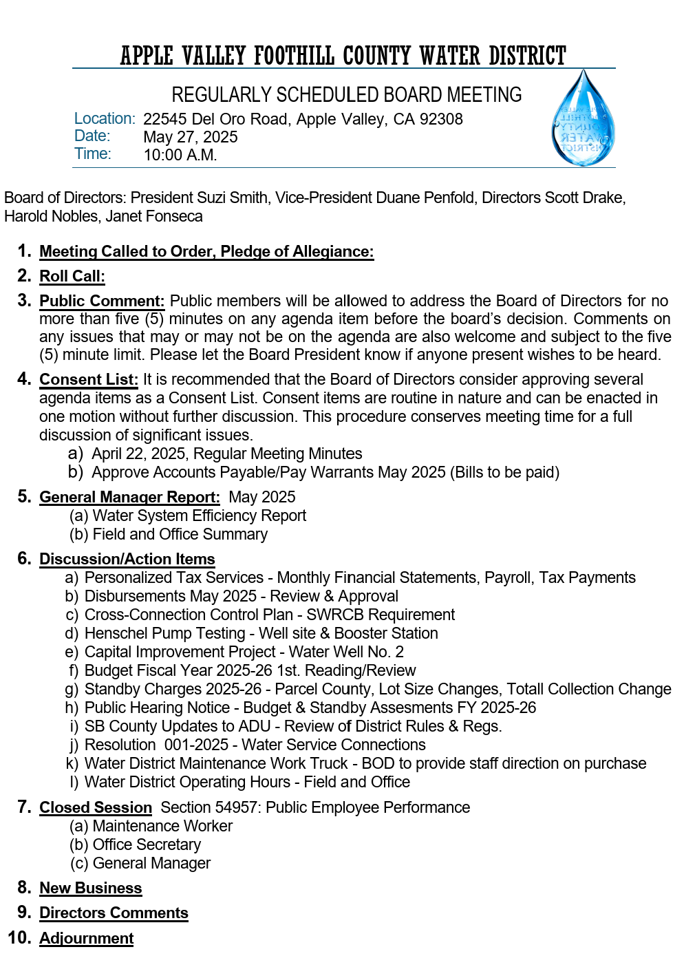 Board meeting agenda for Apple Valley Foothill County Water District on May 27, 2025, at 10:00 A.M. in Apple Valley, CA.