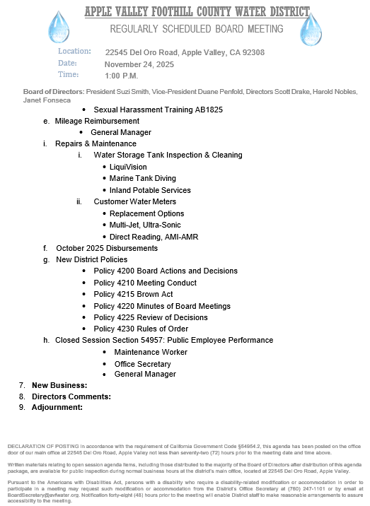 Agenda for the Apple Valley Foothill County Water District board meeting on Nov 24, 2025, covering various policies and maintenance topics.