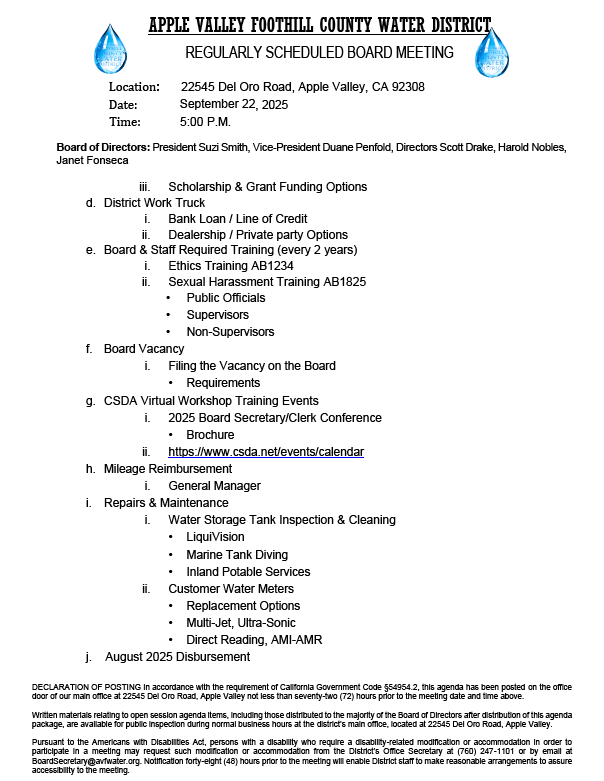 Regular board meeting for Apple Valley Foothill County Water District on 9/22/25, covering training, vacancies, and maintenance.