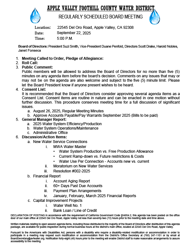 Apple Valley Water District board meeting agenda on September 22, 2025, at 5 PM. Topics: consent list, water connections, financial report.