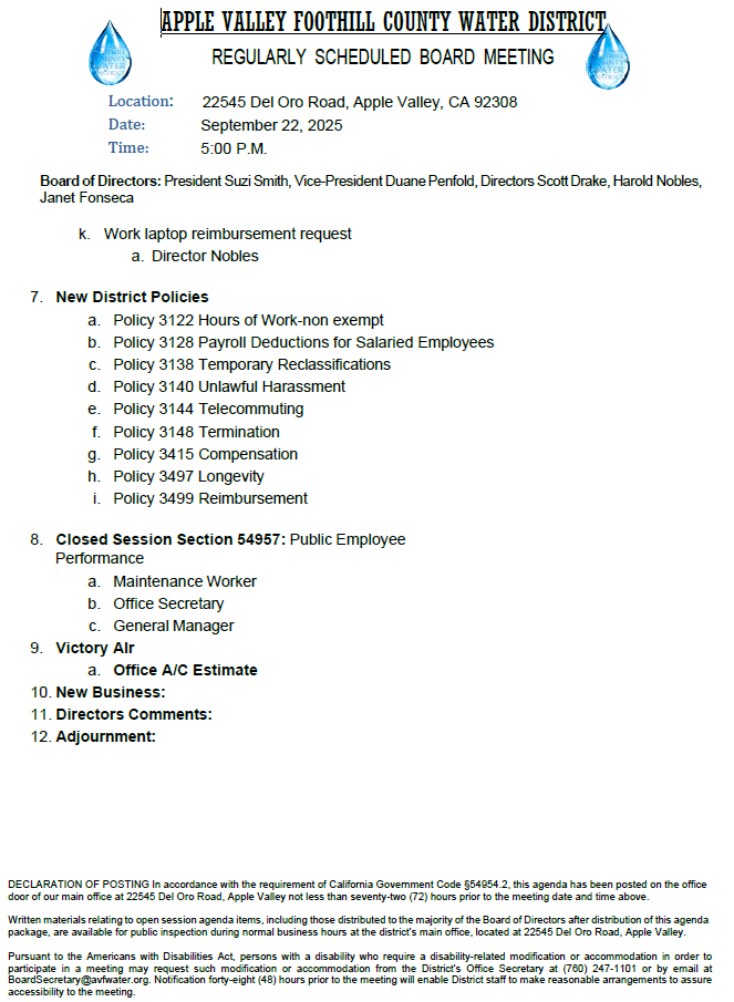 Apple Valley Water District Board Meeting agenda for September 22, 2025, covering policies, employee performance, and new business.