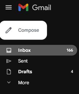 Gmail interface showing "Compose," "Inbox" with 166 emails, "Sent," "Drafts" with 4, and a "More" option.