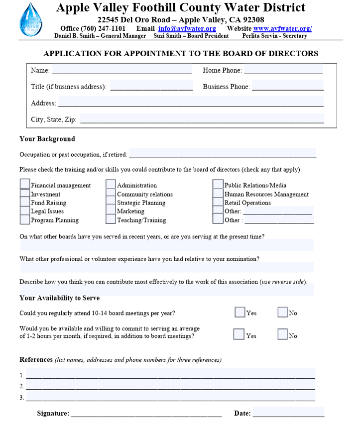 Application form for joining the Apple Valley Foothill County Water District Board of Directors, including personal and professional details.