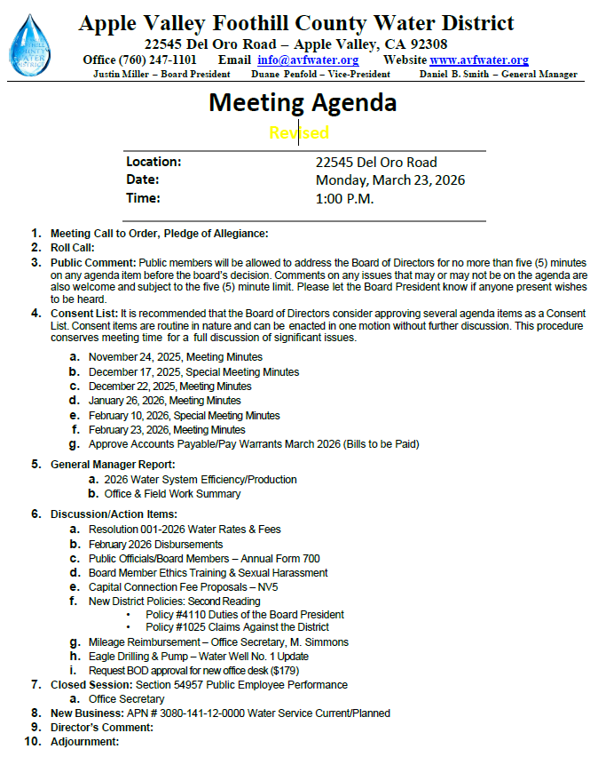 Agenda for Apple Valley Foothill Water District meeting on March 23, 2026, covering minutes, reports, and new business.