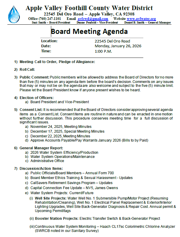 A meeting agenda for the Apple Valley Foothill County Water District scheduled for January 26, 2026, at 1:00 PM.