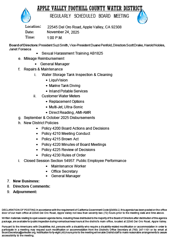 Apple Valley Foothill County Water District meeting on Nov 24, 2025, covering policies, repairs, and public employee performance.
