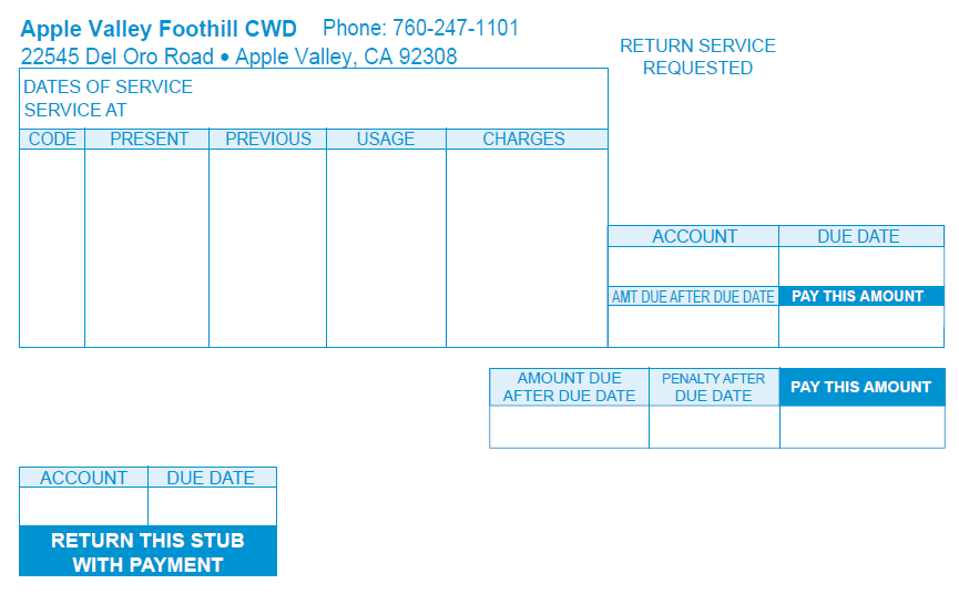 Bill template from Apple Valley Foothill CWD with service details, account info, and payment sections.