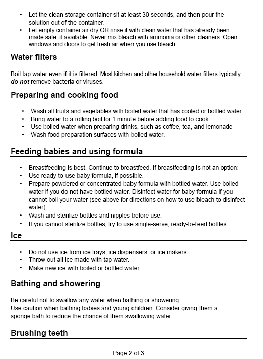 Guidelines on safe water use for cooking, baby formula, ice, and bathing. Boil tap water and use bottled water when possible.