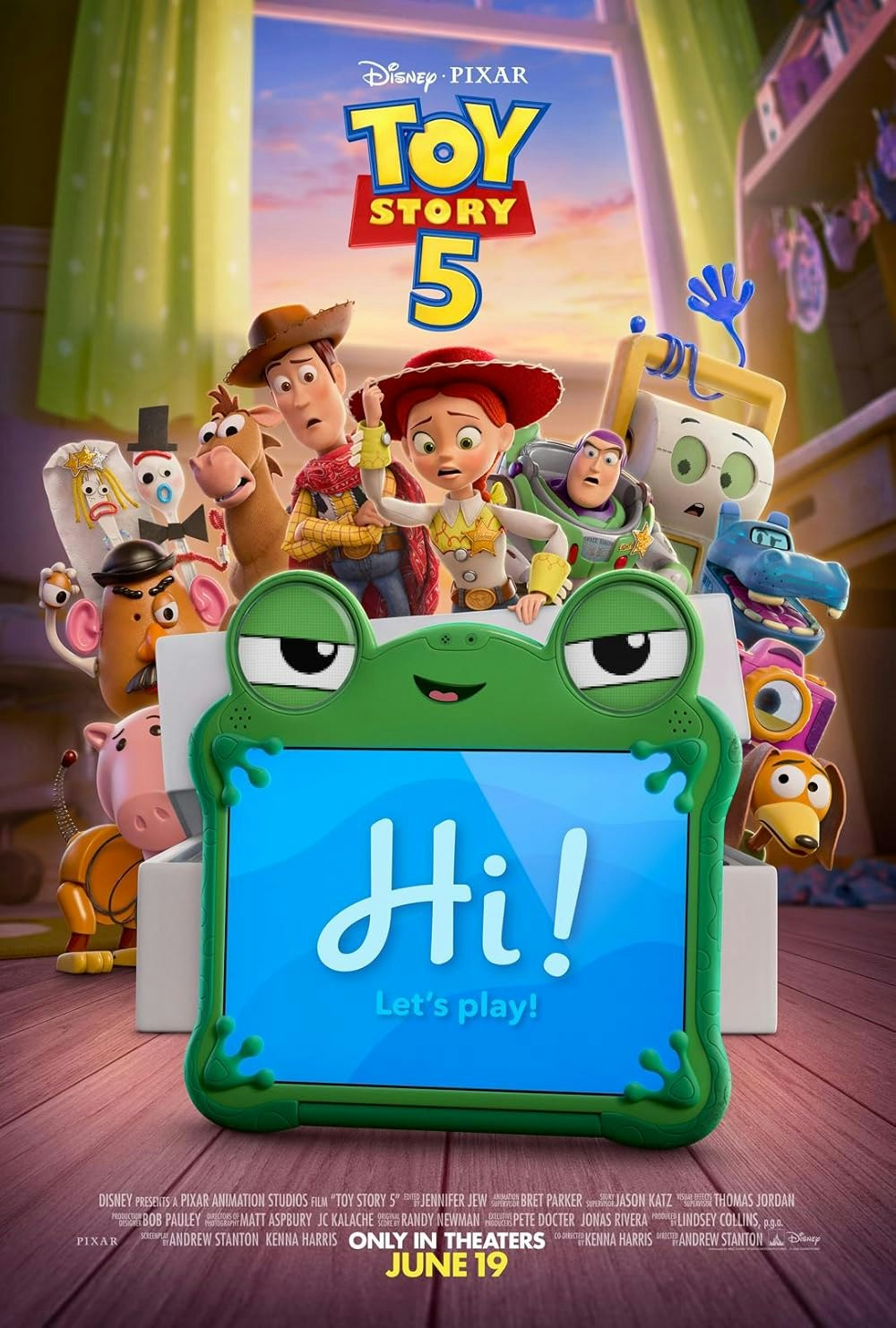 The image shows the characters from "Toy Story 5," featuring Woody, Buzz, Jessie, and other toys with a playful greeting.