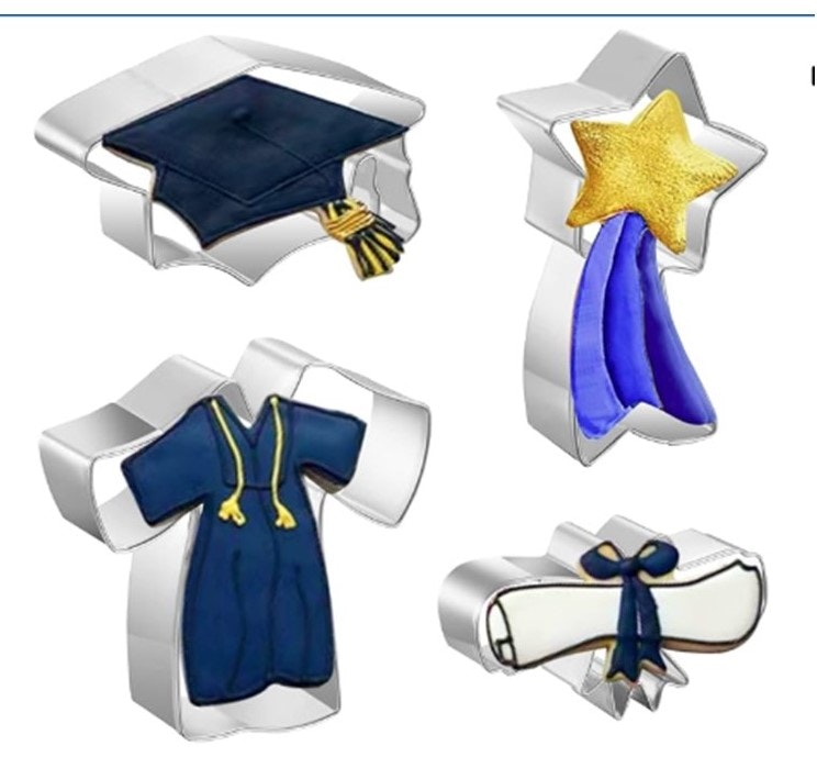 Graduation-themed charms: cap, gown, star with ribbons, and diploma.