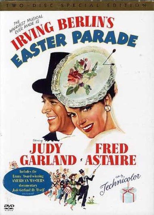 The image is a DVD cover for "Easter Parade," featuring Judy Garland and Fred Astaire, highlighting its joyful musical theme.