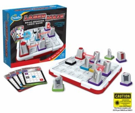 Laser Maze logic game with a board, pieces, cards, and box. Caution: Includes lasers.
