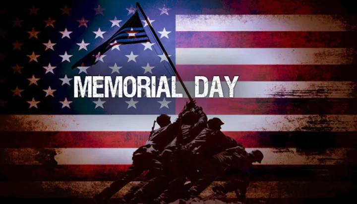 The image features a stylized American flag with "MEMORIAL DAY" prominently displayed, honoring military service and sacrifice.