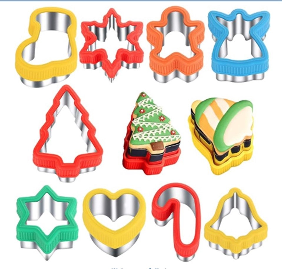 Colorful holiday-themed cookie cutters in various shapes like a star, tree, heart, and bell.