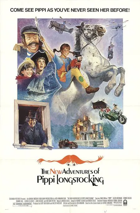 The poster for "The New Adventures of Pippi Longstocking" features Pippi, a horse, and whimsical characters in vibrant scenes.