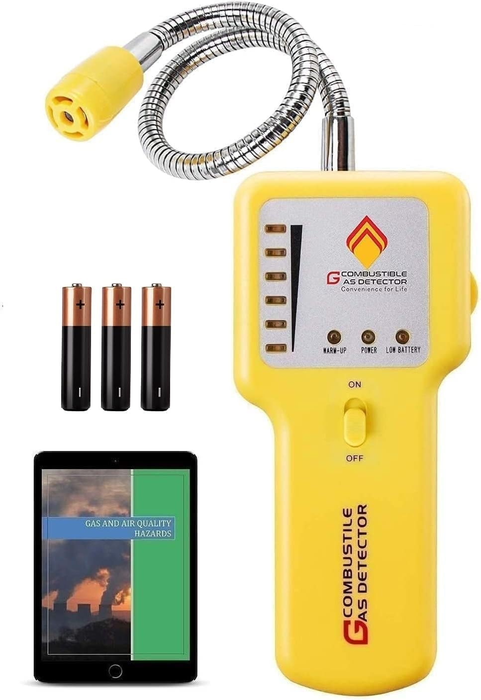 Yellow combustible gas detector with a flexible probe, three AA batteries, and a tablet displaying "Gas and Air Quality Hazards."