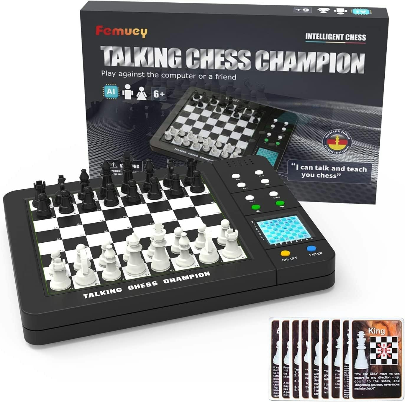 Talking Chess Champion electronic chess set with packaging and cards.