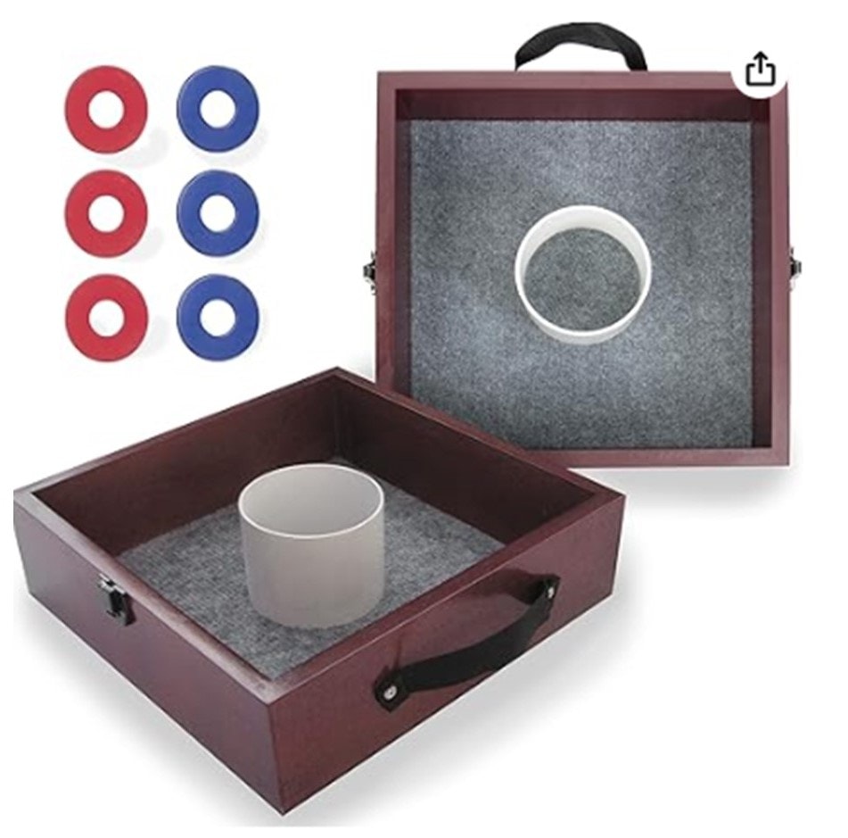 Box set for washer pitching game with red and blue washers, and circular target cups.
