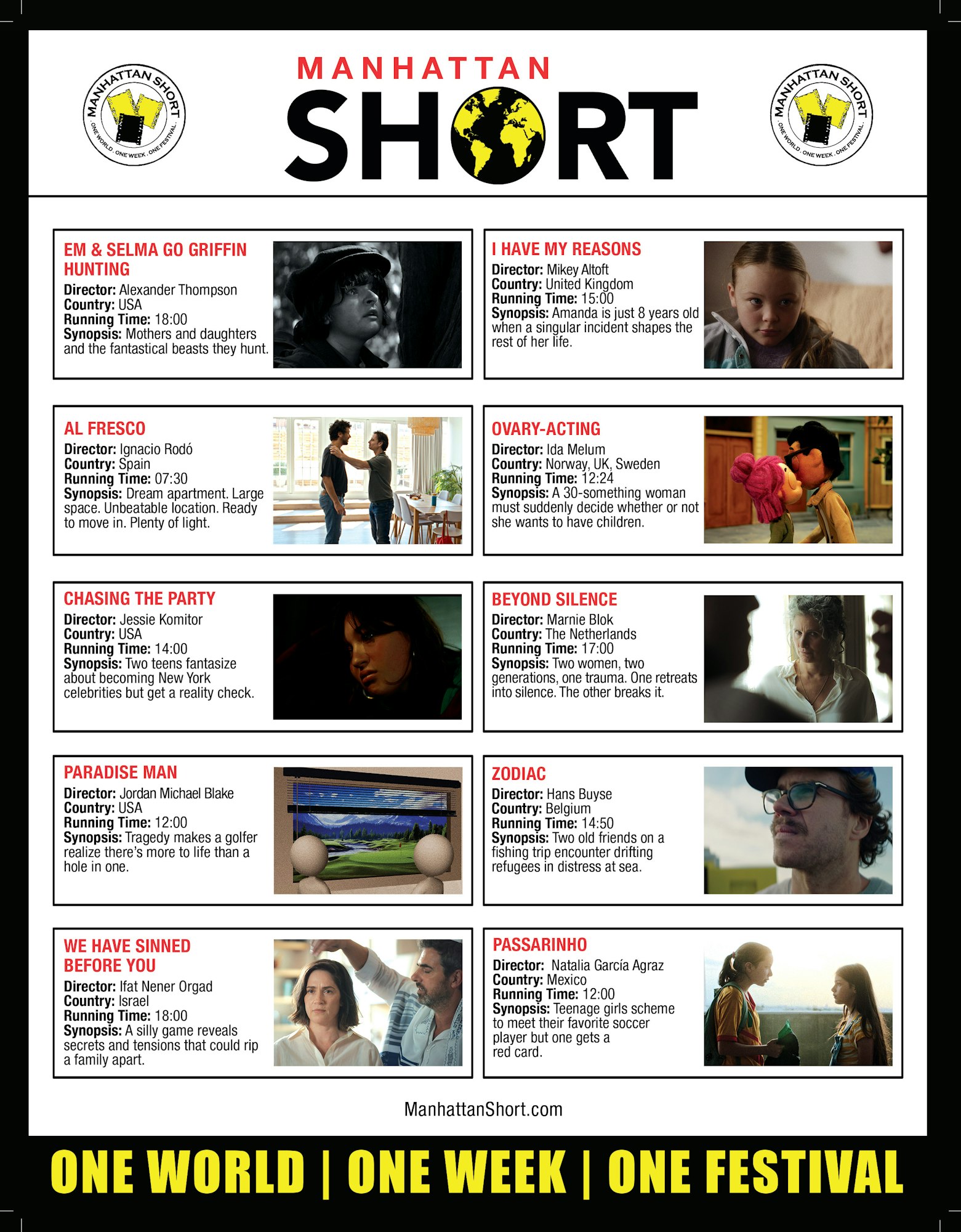 A poster for the Manhattan Short Film Festival featuring details of ten short films from various countries.