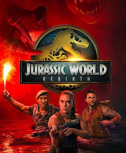 Three people with equipment in water, under a "Jurassic World Rebirth" logo with a dinosaur silhouette on a red background.