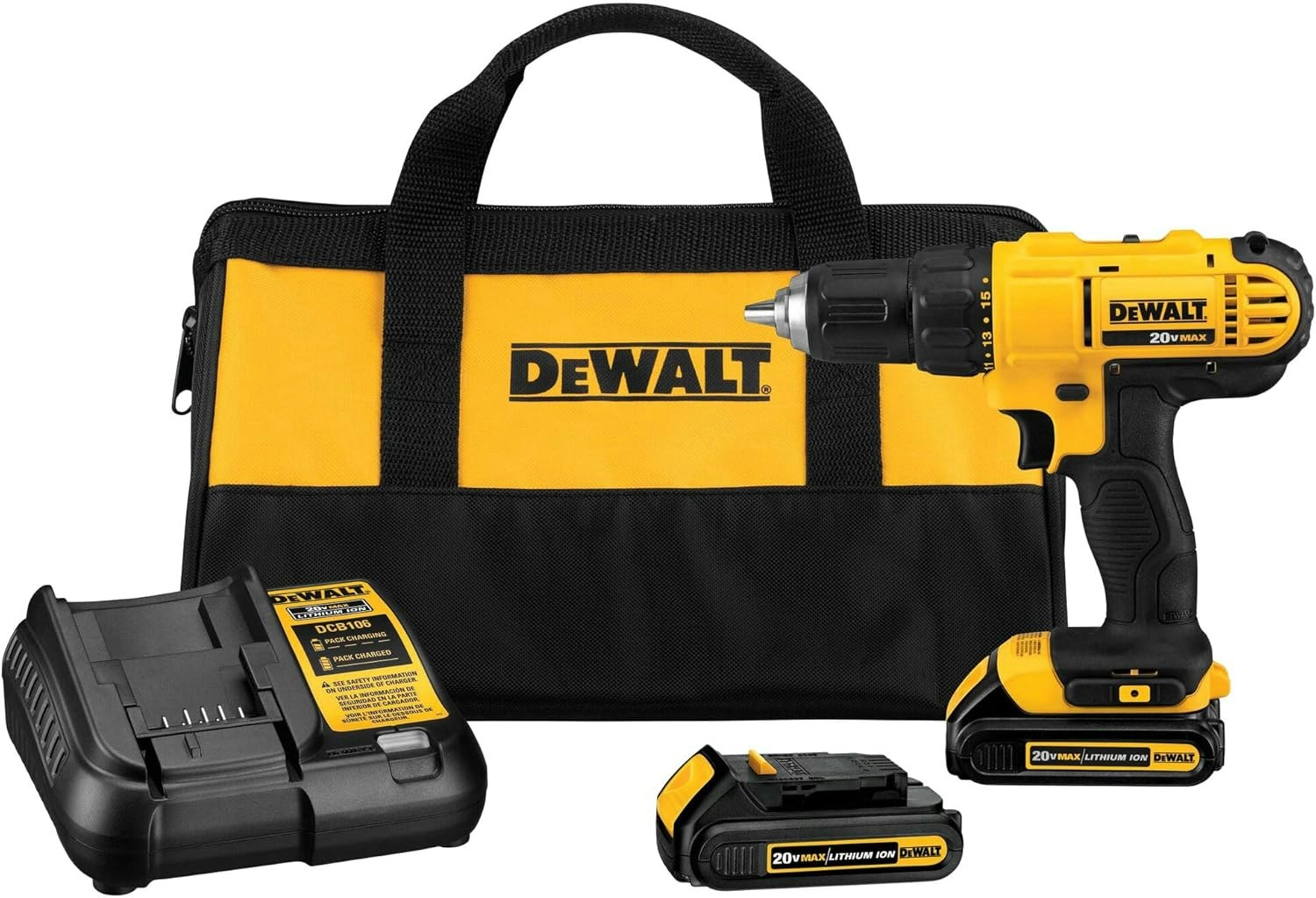 A DeWalt cordless drill set with battery, charger, and carrying bag.