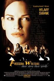 The image is a movie poster for "Freedom Writers," featuring Hilary Swank. It highlights themes of education and empowerment.