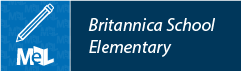 Blue logo with a pencil icon, "MeL," and text "Britannica School Elementary."
