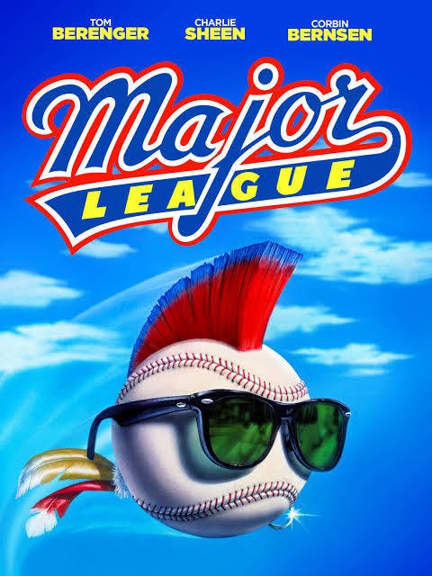 The image is a movie poster for "Major League," featuring a baseball with sunglasses and a colorful mohawk.